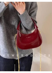 Low Tea 1pc Solid Color Glossy Patent PU Leather Shoulder Bag Women s Fashion Underarm Crossbody Crescent Bag With Ancora Red Letter Top Handle Metal Zipper Closure Metal Chain Shoulder Strap For Dail
