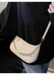 New Stylish Elegant Solid Color PU Underarm Bag With Metal Chain Handle For Women