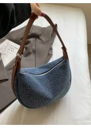 Light Blue Denim Rhinestone Decor Underarm Women Shoulder Bag Fashionable Versatile For Work Dating Casual Spring Summer