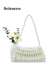 حقيبة يد كبيرة ذات مقبض من اللؤلؤ مزخرفة بالخرز، حقيبة كتف أو تحت الذراع