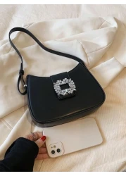 Shoulder Bag With Rhinestone Decorative Armpit Bag Versatile And Fashionable Rhinestone Glitter Saddle Underarm Bag PU Leather Textured Bag Purse Fashion Versatile Bag