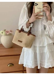 Summer Beach Vacation Straw Woven Handbag Tote Shoulder Bag Rope Knot Picnic Basket Bag Fashion For Women Girls Going Out Shopping Gift