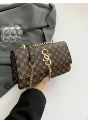 Plaid Rhombus Floral Pattern Flap Baguette Bag For Women Metal Tassel Letter Decor Shoulder Crossbody Handheld Multi Use Commute Bag