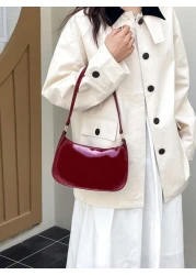 Solid Color Minimalist Zipper Closure Shoulder Bag Stylish Simple Crescent Bag Zipper Shoulder Bag Faux Leather Solid Color Purse Burgundy Bag New Year Ideal Gift Fashionable Burgundy Bag