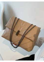 1pc Solid Color PU Leather Elegant Minimalist Stylish Stitching Metal Chain Crossbody Shoulder Bag With Flap Lock Suitable For Daily Wear Shopping Gathering And Cosmetic Storage Etc