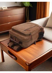 1pc Fashionable Canvas Backpack With Large Capacity And Multiple Pockets Wear Resistant Leather Handle Suitable Students Outdoor Travel Business Trip Laptop Backpack Commute Book Bag School Bag Portab