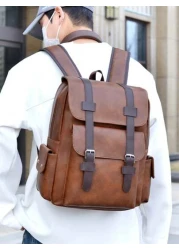 New Spring Summer Solid Color PU Material Fashion Stylish Men Backpack Business Casual Backpack Student Schoolbag Flap Style Large Capacity Multi Pocket Organizer Fits Books Documents Clothes Laptop U