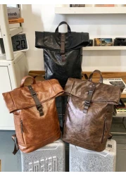 Backpack Flap Backpack Leather Backpack Large Capacity Oversized For Business Office Supplies Outdoor PU Leather Business Vintage Solid Color Men Gifts