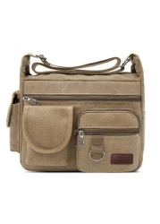 1Pc Khaki Canvas Shoulder Bag Large Capacity Multilayer Messenger Bag Student Travel Shoulder Bag Crossbody Bag Sling Bag For College School Lightweight Multifunctional Dad College Bag Freshman Multi