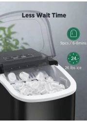 Portable Ice Maker for Countertop, 9 Ice Cubes in 6 Mins, 26lbs Ice/24H, Self-Cleaning, with Ice Spoon &amp; Basket, Ideal for Home, Kitchen, Office, Camping