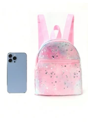 1 Pc Winter New Style Children Girls Mini Cute Stars Moon Printed Soft Plush Adjustable Backpack Suitable For Outdoor Travel Daily Use Holiday Gift School Primary School Students
