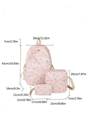 3pcs Nylon Bow Print Backpack Set Foldable Multi Pocket Large Capacity Water Resistant Zipper Backpack Suitable For High School College Students Ladies Daily Use Commuting Traveling Gifts For Valentin