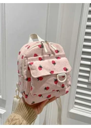 1 Piece Closed Fashionable Japanese Corduroy Stripes Small Fresh College Style Strawberry Pattern Backpack Korean Harajuku Print Small Backpack Suitable For All Occasions Comfortable And Adjustable Sh