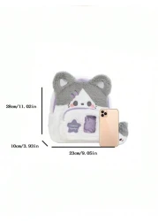 حقيبة ظهر صغيرة سعة كبيرة مع قطة بنفسجية لطيفة لحقيبة مدرسية ناعمة، حقيبة ظهر كرتونية، إغلاق بسحاب، أشرطة كتف