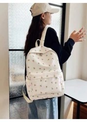 1pc White Nylon Floral Print Dual Zipper Large Capacity Fashionable Versatile Backpack Student Bag