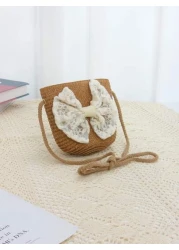 حقيبة كتف للأطفال بشكل أميرة مزينة بفيونكة شريطية وقش ،مناسبة للخروجات اليومية، قطعة واحدة