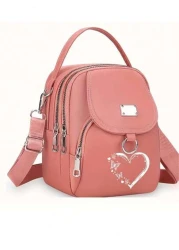 1pc Girl s Girl s Nylon Shoulder Bag With Heart And Butterfly Pattern Casual Mini Crossbody With Adjustable Strap Multi Layer External Headphone Hole Solid Color Secure Zip Closure Small Crossbody Bag