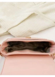 1 قطعة حقيبة يد أنيقة عصرية ذات لون أحادي وزخرفة شريط وردي جميل، حقيبة كتف مربعة صغيرة مصنوعة من جلد PU