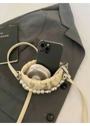 1pc New Fashion Elegant Solid Color Pearl Handbag With Pleats Shoulder Crossbody Bag