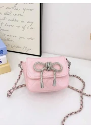 1pc Pu Magnetic Opening And Closing Fashion Sweet Bow Solid Color Diamond Grid Crossbody Mini Square Bag Korean French Exquisite Aesthetic Niche Design Chain Shoulder Crossbody Bag Versatile Casual Hi