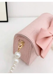 1pc Fashionable Pearl Chain Strap Mini Sling Bag With Bow Design Spring Summer