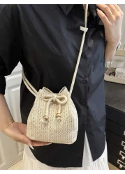 Fashionable Girls Casual Straw Woven Bucket Tote Bag Suitable For Beach Travel