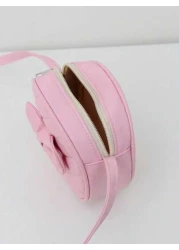 1pc Girl Pink PU Shoulder Bag With Bowknot Decor Fashionable Casual Small Round Crossbody Bag With Zipper Closure Suitable For Daily Use All Season