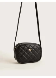 1pc Girls Black Pu Plaid Stitching Fashionable Square Shape Crossbody Bag For Everyday Use