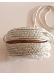 1pc Girls Lace Bowknot Straw Crossbody Bag Kids Coin Purse For Travel Beach