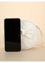1pc Girl s White PU Shoulder Bag Fashionable Cute Bow Design Small Round Bag With Rhombus Embroidery Fits For Phone And Coins Zippered Closure Suitable For All Seasons