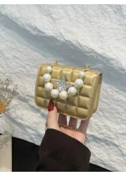 1 قطعة حقيبة مسائية مربعة ذات نجمة خماسية من اللؤلؤ وشبكة الماس، بتصميم فريد مزود بسلسلة كتف، مريحة وقابلة للا