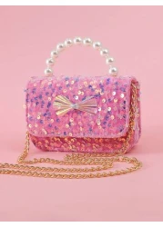1pc Kids Sparkling Sequin Bow Decor PU Beaded Material Flap Closure Metal Chain Shoulder Strap Cute Beaded Handbag For Girls Sweet Shoulder Crossbody Bag For Snacks Coins Suitable For Christmas Birthd