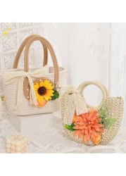 حقيبة قش مزينة بأزهار اصطناعية، حقيبة نسائية على شكل هلال، حقيبة يد قابلة للحمل عبر الجسم، حقيبة للشاطئ