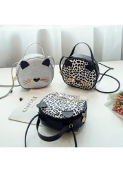 حقيبة جديدة للفتاة بطبعة فهد 1قطعة، حقيبة جلدية اصطناعية للهاتف المحمول بشكل قطة، حقيبة دائرية صغيرة جذابة وع