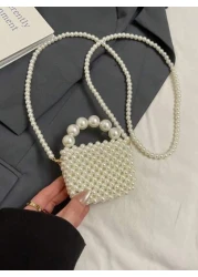 1pc Fashionable Solid Color Bow Pearl Mini Handbag Niche Design Shoulder Messenger Bag Casual Sweet Hollow Mini Change Lipstick Bag Suitable For Teenagers To Travel Shopping Party Date And Daily Use I