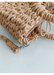 حقيبة كتف واحد رسمية عصرية قابلة للسحب من أعلى، قطعة واحدة، زخرفة فراشة مضفورة، حقيبة قش للفتاة بطراز شاطئي