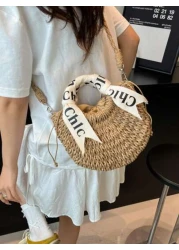 حقيبة كتف/متقاطعة بمقبض منسوج مطرز بالأحرف، حقيبة شاطئ/عطلة