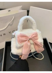 1 Pc Cute Mini Kids Pink Big Bow Soft Plush Handbag Fall Winter Pearl Shoulder Strap Crossbody Bag Lightweight Square Bags For Girls Students For Festivals Vacation Holiday Fashion Accessory