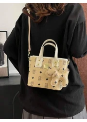 1PC Handbag Fashion Texture Letter Cute Cartoon Bear Print Popular Bucket Bag Korean Small Bag Multifunctional One Shoulder Crossbody Girl s Bag Suitable For Teenagers Going Out For Camping Travel Use