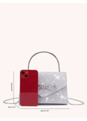 Glittering Evening Bag With Rhinestone Bow Decor Detachable Chain Strap Shoulder Bag Elegant Solid Color Party Clutch
