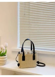 حقيبة كتف من القش المنسوج للفتيات، حقيبة كاجوال مربعة صغيرة بسيطة وعصرية