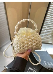 1قطعة حقيبة يد بخيط خرزي لطيفة للبنات بغلق سحاب، حقيبة كروس بخرز أبيض، مناسبة للربيع/الصيف