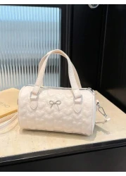 1 Pc New Design Girls Solid Color Heart Quilted Pattern Pu Material Barrel Shaped Handbag Adjustable Detachable Shoulder Strap For Crossbody Or Hand Carry Zipper Closure Stylish And Versatile For Outi