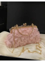 1pc Sweet Handbag Clip Opening And Closing Chiffon Three Dimensional Flower Evening Bag Champagne Color Ladies Cheongsam Bag Handmade Dress Bag Chain Decoration Bag Handbag Exquisite And Versatile Sui