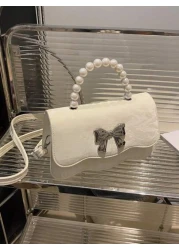Fashionable Pearl Handbag Shoulder Bag Solid Color Design 2025 New Chic Fresh Butterfly Texture Small Square Bag
