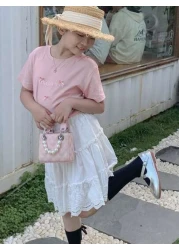 New Embroidered Pearl Chain Handbag Shoulder Bag Phone Mini Square Purse