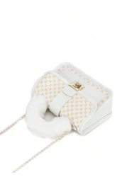 1pc Girl s Vintage Printed Plush Handbag Cute Metal Chain Crossbody Bag Casual Mobile Bag Ideal Choice For Gifts
