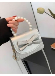 1pc Pu Magnet Closure Fashion Sweet Cute Bow Pearl Handbag Fashion Chain Shoulder Crossbody Evening Bag Niche Design Comfortable Shoulder Strap Versatile And Not Picky Suitable For Dinner Outing Play