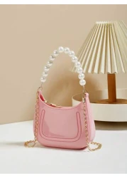Mini Underarm Bag For Toddler Girls Pearl Decor Zipper Closure Handbag Lovely Gift Bag For Girls