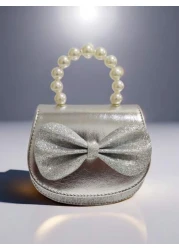 Children s Fashionable Pearl Handbag Holiday Gift PU Leather Butterfly Decor Round Pouch Stylish Princess Mini Purse For Girls